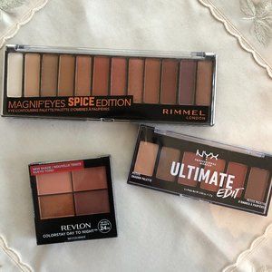 Never used Rimmel, NYX, and Revlon eyeshadow palettes. warm and neutral tones